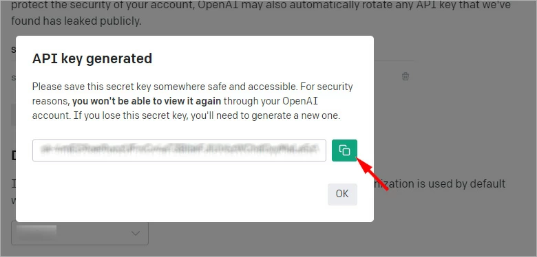 ChatGPTのAPIキーをコピー
